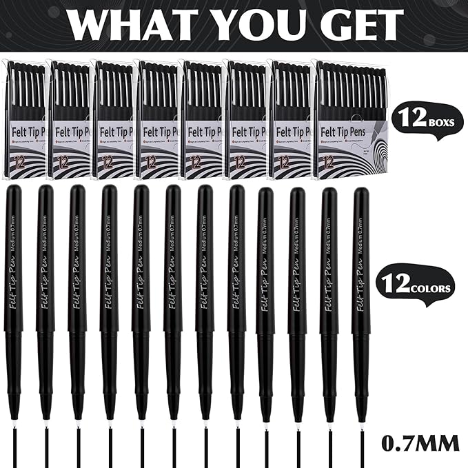 96 Pcs Black Felt Tip Pens 0.7mm Medium Point Pens Bulk, Felt Tip Markers for Journaling, Writing, Note Taking, Planner, Ideal for Office School Art Supplies Gift