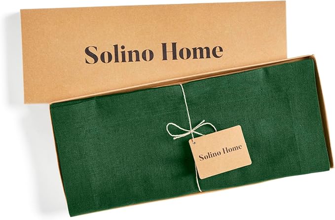 Solino Home Linen Table Runner 36 Inches - 100% Pure Linen Pine Green Table Runner 14 x 36 Inch Ideal for Dresser and Coffee Tables - Fete