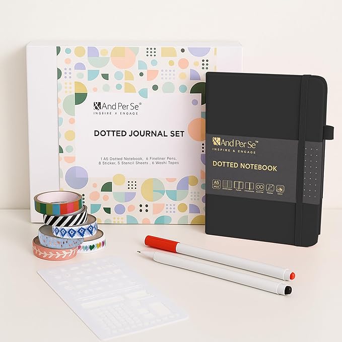 &And Per Se Bullet Dotted Journal Kit, A5 Hardcover Dotted Journaling Set (Black), 6 Fineliner Pens, 8 Sticker & 5 Stencil Sheets, 6 Washi Tapes with Giftable Box