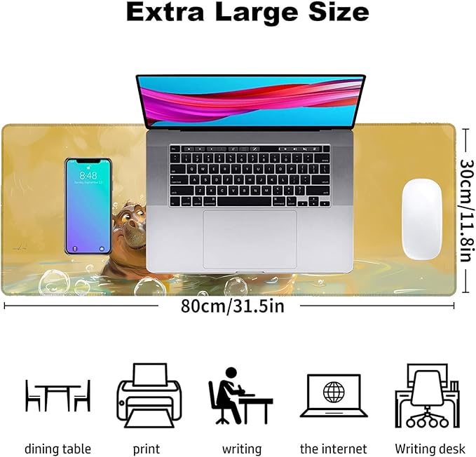 Cartoon Hippo Gaming Mouse Pad, Office Desk Mat, Anti-Slip Rubber Base Cool Aesthetic Mouse Pads for Computer Laptop Keyboard School Home Desktop Gamer Home Accessories Decor 31.5" x 11.8"