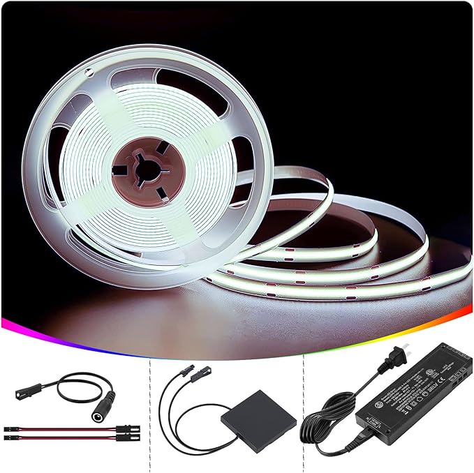 VST 8mm 16.4ft COB LED Strip Lights Natural White 6000K, 24V Dimmable LED Tape Light, 48w, 2640 LEDs, Ra 93+, IP30, Lighting for Cabinets with ETL Listed 48W Led Driver and Touch Switch