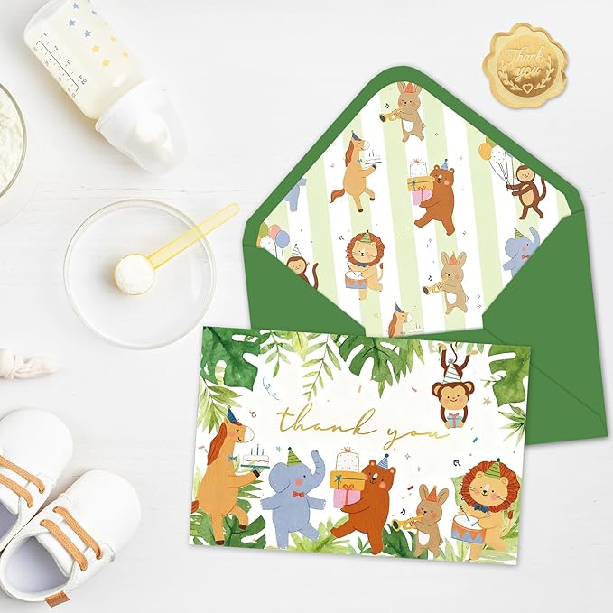 Whaline 24 Pack Jungle Animals Thank You Cards Greeting Card Greenery Forest Annimal Blank Note Card with Envelopes Stickers for Baby Shower Birthday, 4 x 6 Inch