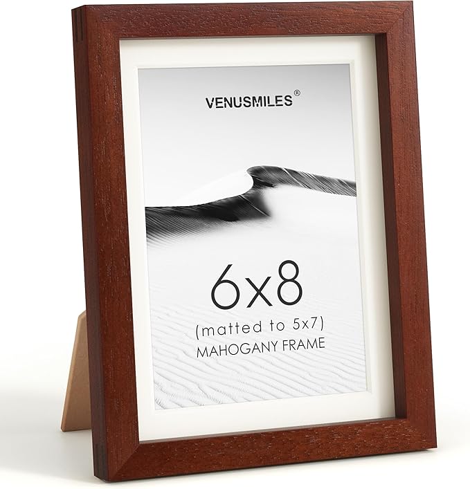 6x8 Picture Frame, USA-Sourced Natural Mahogany Wood Photo Collage Frame with HD Tempered Glass, Modern Simple 6 x 8 Wooden Frame Matted to 5x7, Gallery Wall Frames for Art, Wall or Tabletop Display