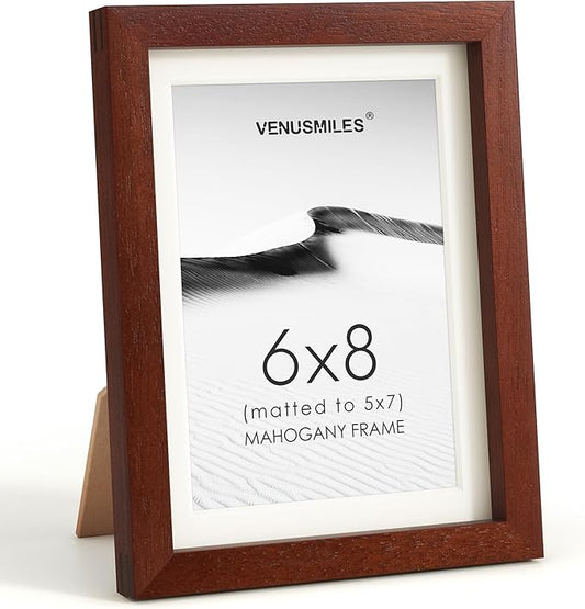 6x8 Picture Frame, USA-Sourced Natural Mahogany Wood Photo Collage Frame with HD Tempered Glass, Modern Simple 6 x 8 Wooden Frame Matted to 5x7, Gallery Wall Frames for Art, Wall or Tabletop Display