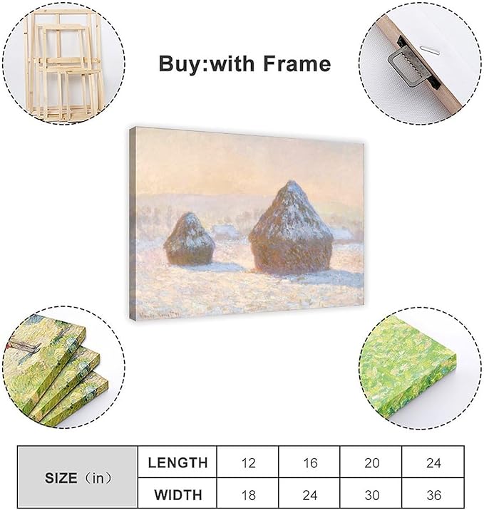 40+ Monet Famous Print Posters Wheatstacks, Snow Effect, Morning by Claude Monet Impressionism Art Wall Decoration Poster Family Bar Restaurant Garage Cafe Art Print Gift Frame 16×24inch(40×60cm)