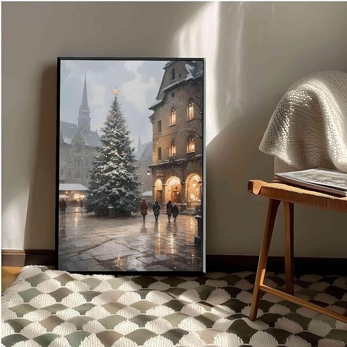 Framed Canvas Wall Art Vintage Christmas Tree Print Moody Winter Wall Art Farmhouse Christmas Decor 20x30in Metal blackFramed