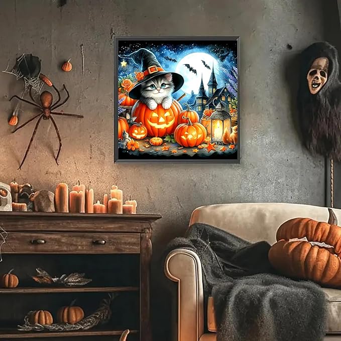 mrpwnle Diamond Art Kits for Adults, Halloween Diamond Painting Kits for Beginners, Halloween Cat Pumpkin Diamonds Art Painting Kits, 5D Round Full Drill Crafts Kits Home Decor Gifts 12x12in
