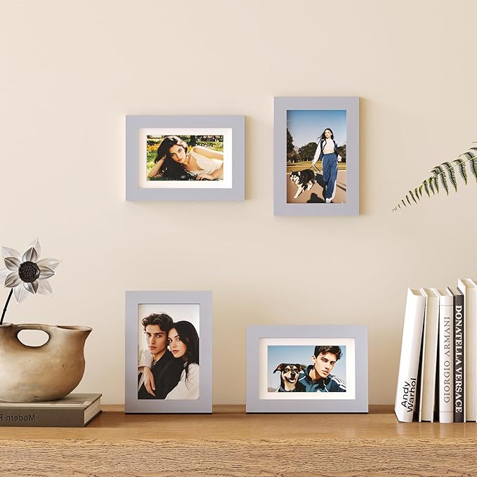 Egofine 4x6 Picture Frames Set of 4, Made of Solid Wood Covered by Plexiglass 3x4.5 and 3.5x5 with Mat or 4x6 without Mat, for Table Top Display and Wall Mounting Photo Frame, Light Grey