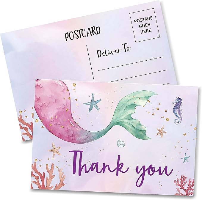 Birthday Thank You Postcards, Mermaid Theme, Under The Sea, Ocean Thank You Cards for Kids Girls Boys Birthday Party, Baby Shower Party, Set of 20 (A06)