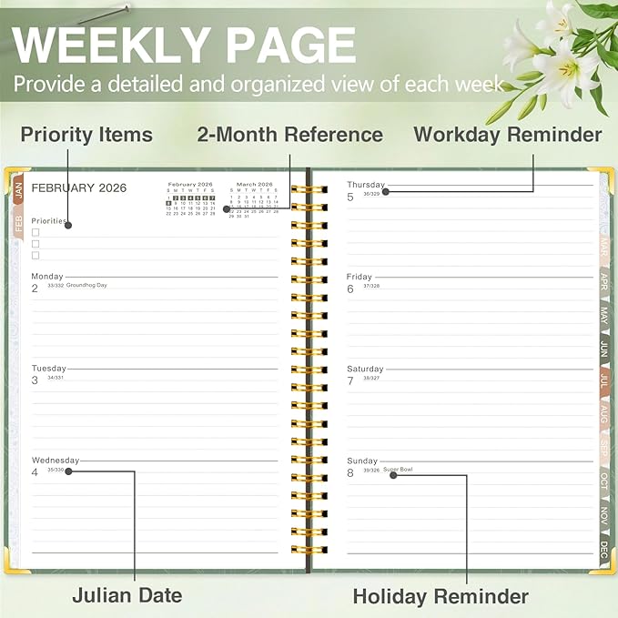 GuassLee 2026 Planner, Weekly and Monthly Planner from January 2026-December 2026, 8.4"x 6.1" Aesthetic Greenery Agenda Book with Back Pocket, Stickers, Coated Tabs, A5 Size