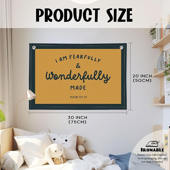 Kids Room Decor - Bible Verse Wall Hanging, 'I am Fearfully and Wonderfully Made' Linen Banner, Canvas Decoration for Classroom, Nursery - Retro