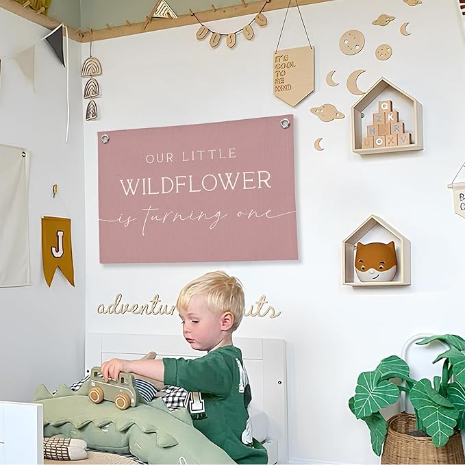 Girl Nursery Decor, Wildflower Nursery Wall Hanging Canvas Banner, Our Little Wildflower Is Turning One Pink Wall Art Decor for Little Girls Toddler Room Bedroom Playroom, 30x20 Inch