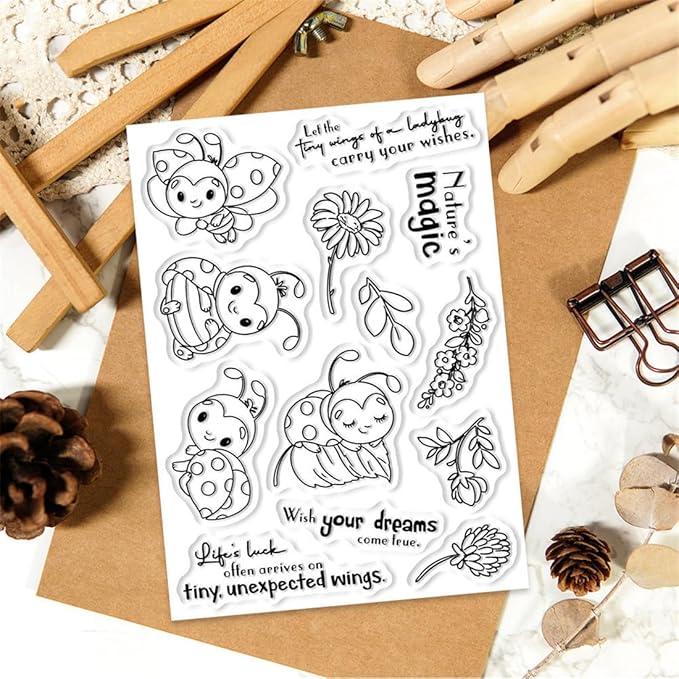Ladybug Flower Stamps and Cutting Dies for Card Making DIY Transparent Silicone Clear Stamp and Metal Die Cuts Sets for Scrapbooking Paper Greeting Cards Decor Seals Craft Supplies