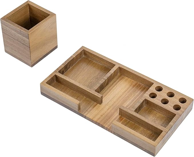 MyGift Acacia Solid Wood Desktop Stationery Holder - Sticky Note & Office Supplies Storage Tray - Organizing Desk Organizer for Office, Home, and Workspaces