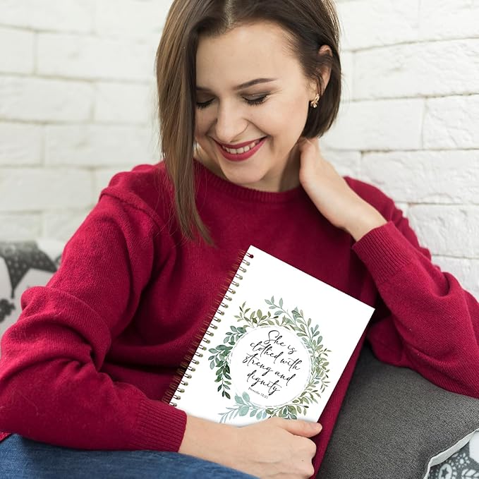 she is clothed with strength and dignity Christian Spiral Notebooks, Proverbs 31:25 Bible Journal, Scripture Journals for Writing, Religious Notebook for Note Taking, 5.5x8.3 Inch