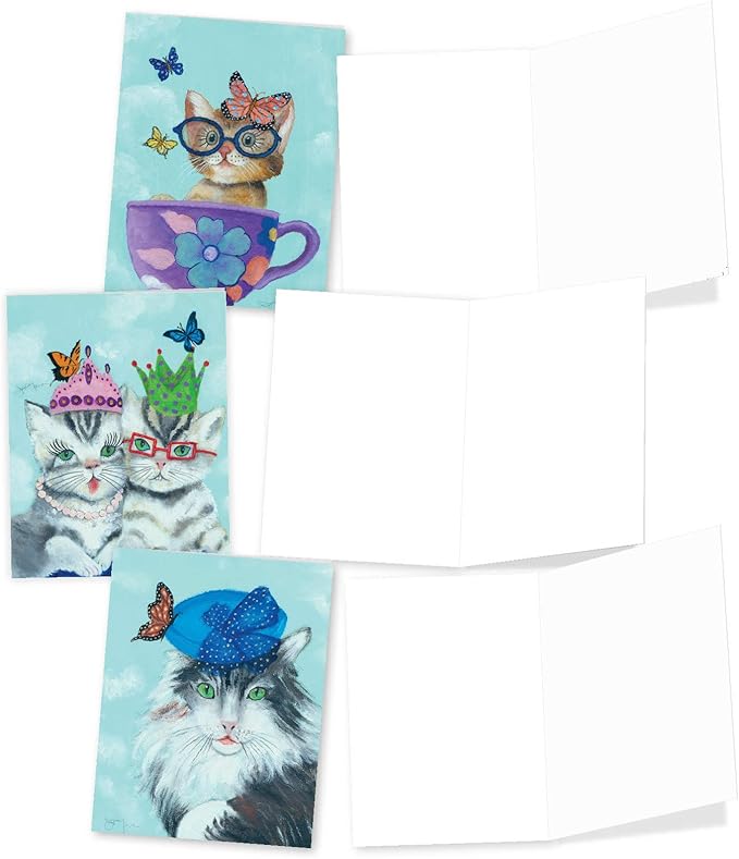 The Best Card Company 20 Assorted Blank Notes Bulk Box Set 4 x 5.12 Inch with Envelopes (10 Designs, 2 Each) Butterfly Cats AM7375OCB-B2x10