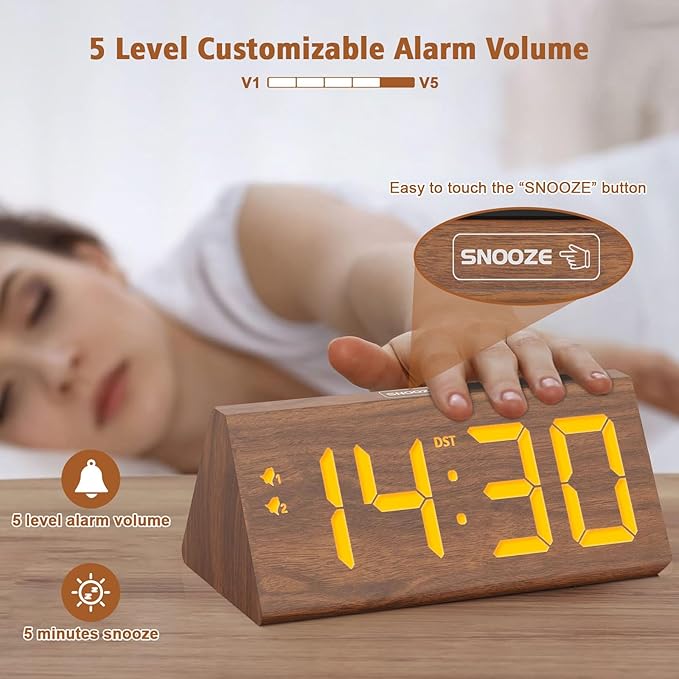 Wooden Digital Alarm Clock with Dual USB Charging Ports, DST, Dimmable, Snooze, Modern Large Time Display LED Clock for Kids Bedrooms, Living Room, Desk, Table, Bedside, Nightstand (Brown)