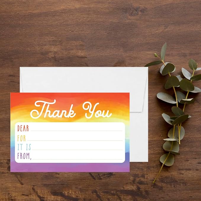 Andaz Press Kids Fill in the Blank Thank You Cards - 20 Cards Including Envelopes Watercolor Rainbow Gender Neutral Note Cards For Boys Girls Birthday Thank You Notes for Friends, Family Party Guests