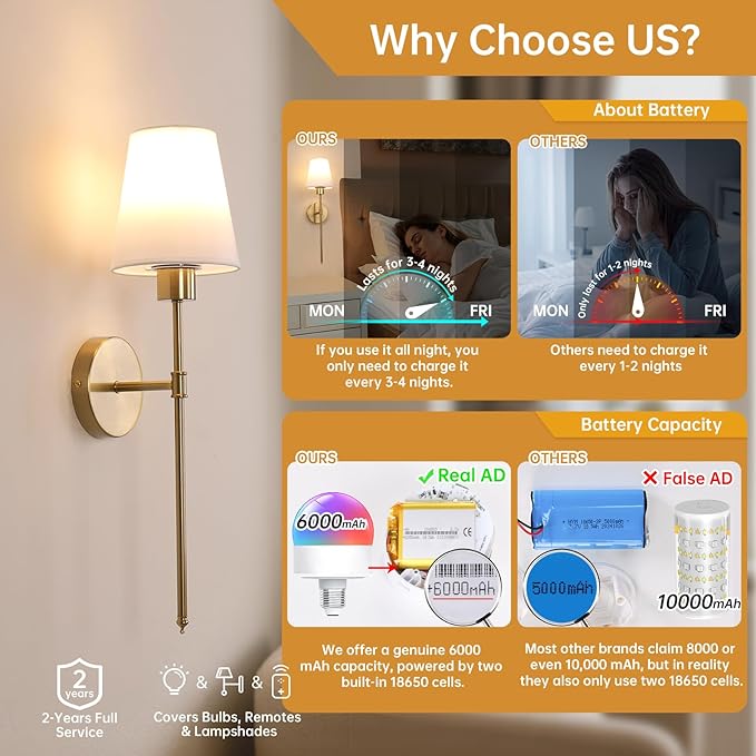 Battery Operated Wall Sconce, 120H Usage Time 22.6" Rechargeable Wall Light with Dimmable Bulb, 12 Colors Wall Sconce for Bedroom Living Room, Gold