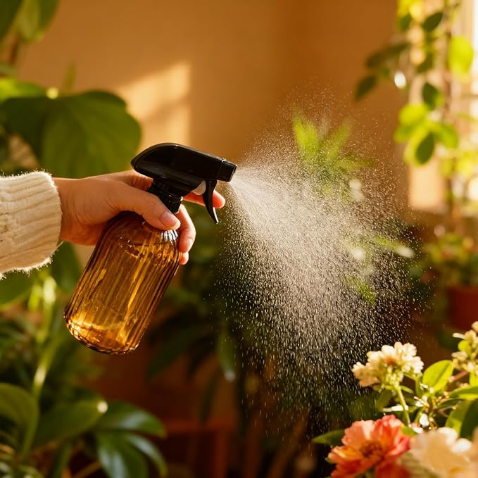 Glass Plant Mister Bottle, 13.5oz Refillable Water Spray Bottle with Adjustable Mist Nozzle for Indoor Flowers, Outdoor Gardening, Cleaning, Hair and Pets Care (Brown)
