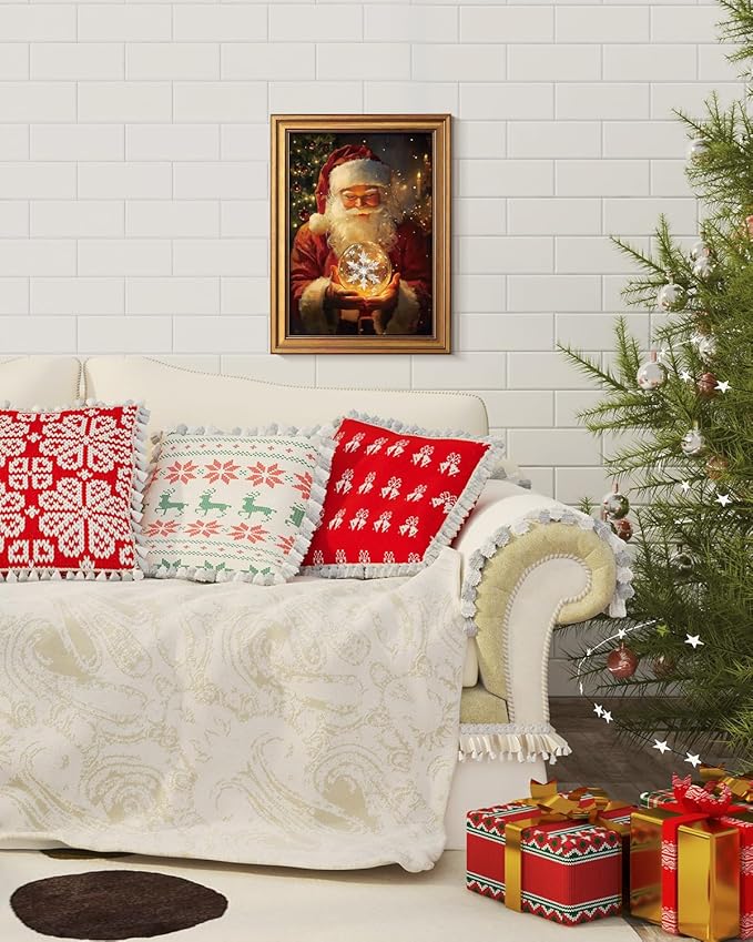 Bzstyleart Vintage Wall Art Decor,Vintage Chiristmas Wall Art Framed,12 x 16 Inch Framed Christmas Decorations Indoor Winter Decor,Christmas Santas Claus Holding a Glass Ball
