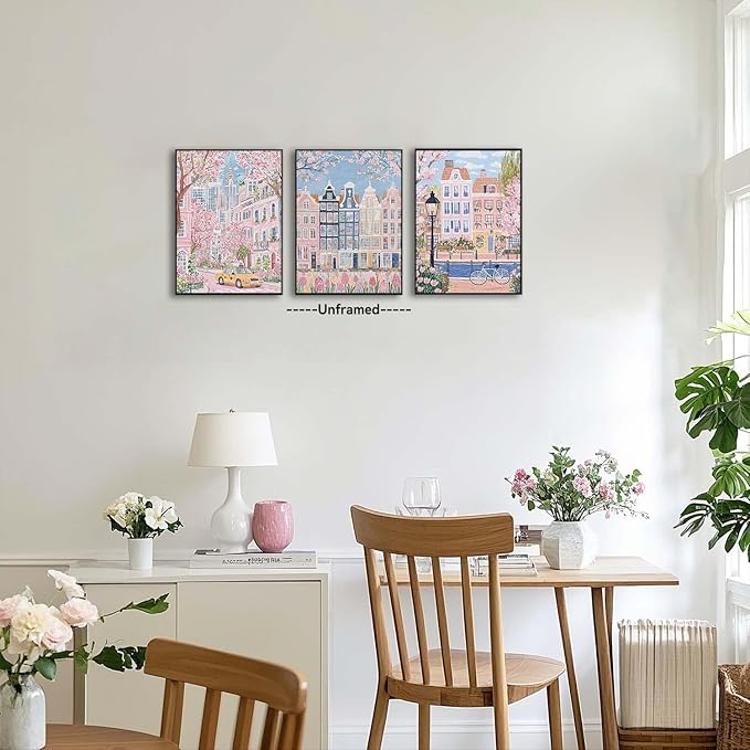 XLARTMY Watercolor City Landscape Travel Wall Art Canvas Framed Pink Cherry Flower Poster Girly Prints Painting Pictures Set of 3 for Bedroom Living Room Office 16x12in Unframed
