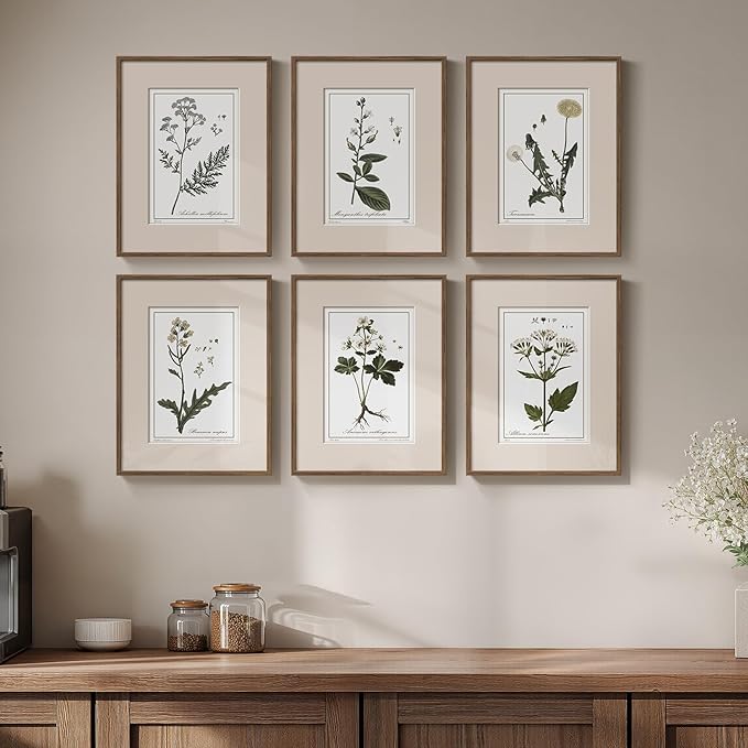 Framed Vintage Botanical Wall Art for Living Room, 6 Piece Rustic Floral Canvas Painting Prints Artwork for Kitchen Walls, Neutral Flower Pictures for Bedroom Dining Room Farmhouse Wall Decor, 11x14