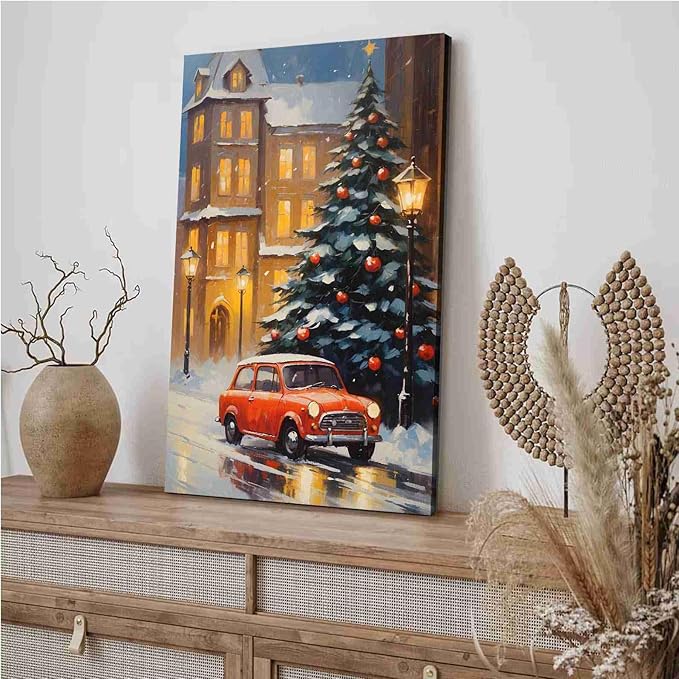 Canvas Wall Art Snowy Christmas tree and red car art print Christmas in the city classic timeless red car snow cosy winters day 16x24in-UnFramed