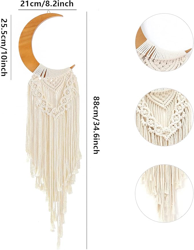 ANROYE Macrame Wall Hanging Boho Moon Decor, Bohemian Crescent Wooden Ornament with Long Tassel, Handmade Unique Wood Tapestry Home Decoration Wall Art Gift for Dorm Bedroom Nursery Living Room