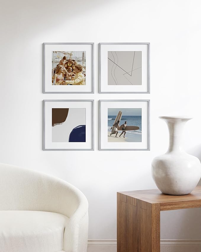 HAUS AND HUES 16x16 Silver Metal Picture Frames Matted to 12x12 - Premium Aluminum with Hanging Hardware, Shatterproof Plexiglass - Ideal for Home or Office (16x16 in, Silver, Set of 4)