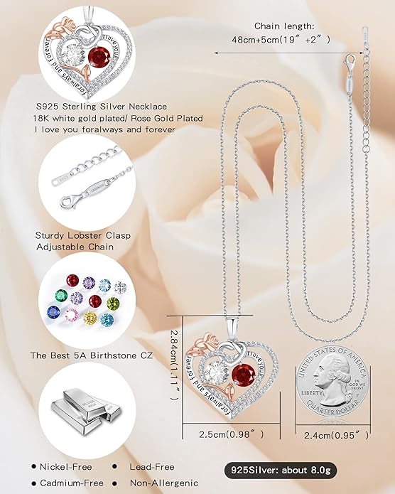 Women's Birthstone Necklace, Holiday Gift for Girlfriend, 925 Sterling Silver Heart Rose Necklace, Anniversary Birthday Gift for Wife, Daughter