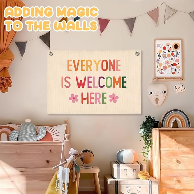 Girls Room Wall Decor,Everyone Is Welcome Here Linen Canvas Banner,Boho Classroom Wall Hanging Flag, Therapy Office Calming Corner Decor,Kids Room Playroom Wall Art,Mental Health Decor,20x30