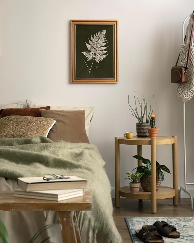 Bzstyleart Vintage Wall Art Decor Bedroom,Vintage Gold Framed Artwork,Fern Leaves Botanical wall Art Living Room,Canvas Picture Painting Room Decor Aesthetic,12 x 16 Inch