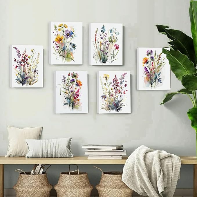 Framed Colorful Wildflower Art,Botanical Plant Leaves Canvas Wall art,Watercolor Minimalist Wildflowers Art Print,Watercolor Blooming Floral Flower Artwork for Garden Farmhouse Decor Set of 6(8"x10")