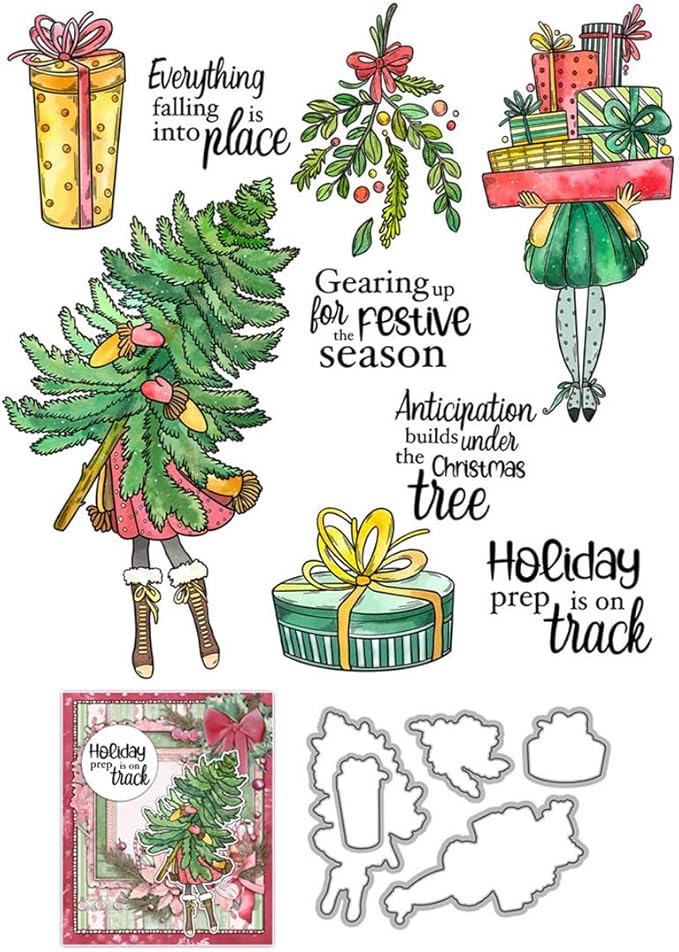 Box Christmas Tree Stamps and Cutting Dies for Card Making DIY Transparent Silicone Clear Stamp and Metal Die Cuts Sets for Scrapbooking Paper Greeting Cards Decor Seals Craft Supplies
