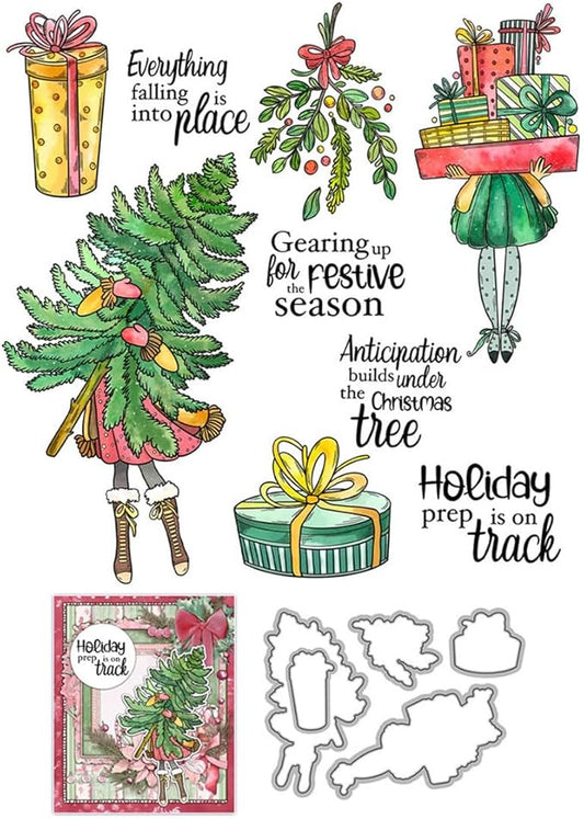 Box Christmas Tree Stamps and Cutting Dies for Card Making DIY Transparent Silicone Clear Stamp and Metal Die Cuts Sets for Scrapbooking Paper Greeting Cards Decor Seals Craft Supplies