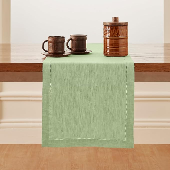 Solino Home Linen Table Runner 108 Inches Long - Milan Hemstitch 100% Pure Linen Pistachio Dining Table Runner 14 x 108 Inch - Spring, St Patricks Day, Easter