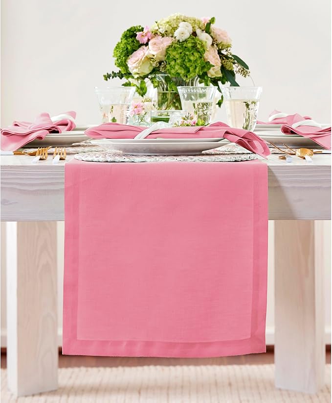 Solino Home Linen Pink Carnation Table Runner 48 Inches - 100% Pure Linen Short Table Runner 14 x 48 Inch Ideal for Dresser and Coffee Tables, Valentines, Spring, Easter - Fete