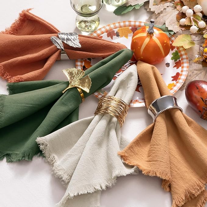 12 Pack Mixed Thanksgiving Color Cotton Linen Napkins with Fringe Fall Napkins Cloth Set of 12 Boho Napkins Handmade Dinner Napkins Bulk for Wedding Thanksgiving Dining Table, 17 x 17