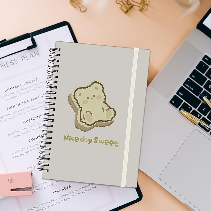 Spiral Notebook,Hardcover Journal Wide Ruled Spiral Notebook,A5 5.5 x 8.3 Inch,80GSM Thick Paper 60 Sheets 120 Pages for Girls Women School Office Aesthetic Cute-Bear