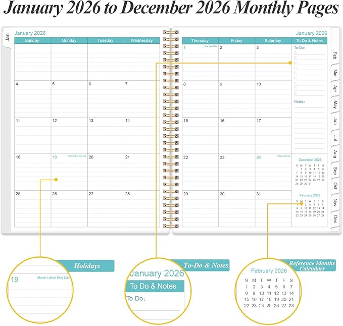 2026 Daily & Monthly Planner - One Page Per Day, Daily Planner from January 2026 - December 2026, Planner 2026 with 12 Monthly Tabs, 8.5" x 11", Blue Leaf Flower