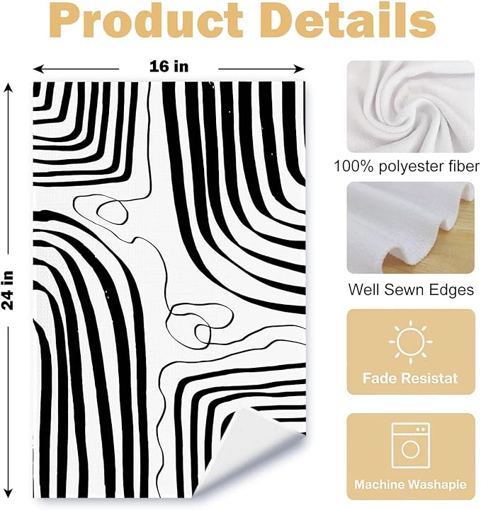 Abstract Black and White Kitchen Towels Set of 2, Modern Minimalist Wavy Line Art Dish Tea Towels for Kitchen, Contemporary Decor Hand Towels for Bathroom, 16x24 Inches