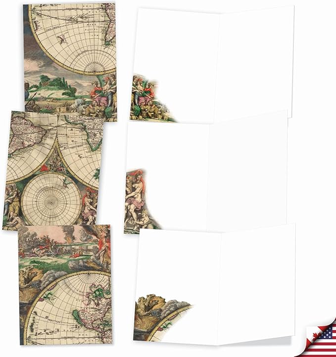 The Best Card Company - 10 Assorted Blank All Occasions Notecards Box Set 4 x 5.12 Inch w/Envelopes Vintage Art Map for Men, Women, Variety Pack (10 Designs, 1 Each) - Topographics M2341OCB