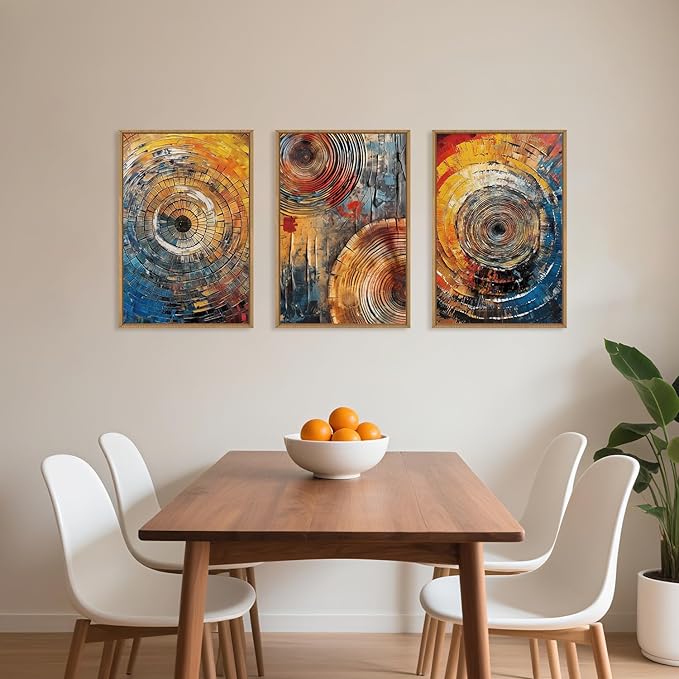 Large Colorful Tree Ring Framed Canvas Wall Art,Modern Tree Stump Wall Decor,Abstract Wood Grain Artwork,Neutral Botanical Annual Ring Art Print for Living Room,Bedroom,Office- 24"x36"x3