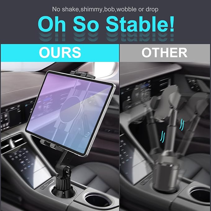 Cup Holder Car Tablet Mount for Truck, 360° Adjustable 15" Long 2-Arm Stand Holder for iPad Pro 12.9/11/10.5/9.7/Air/Mini 6/5/4, Samsung Galaxy Tab/Z Fold 6/5/4, iPhone 17/16/Pro, 4.7-12.9" Tab &Phone