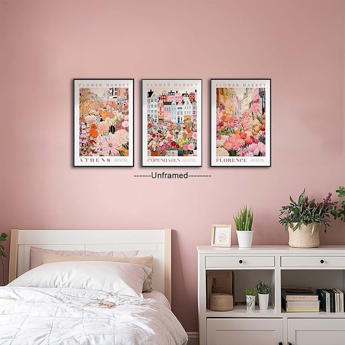XLARTMY Flower Market Wall Art Print Canvas Pink Floral Painting Colorful Botanical Sunflower Artwork Travel Posters for Home Decor Pictures Set of 3 for Living Room Bedroom 16x24in Unframed