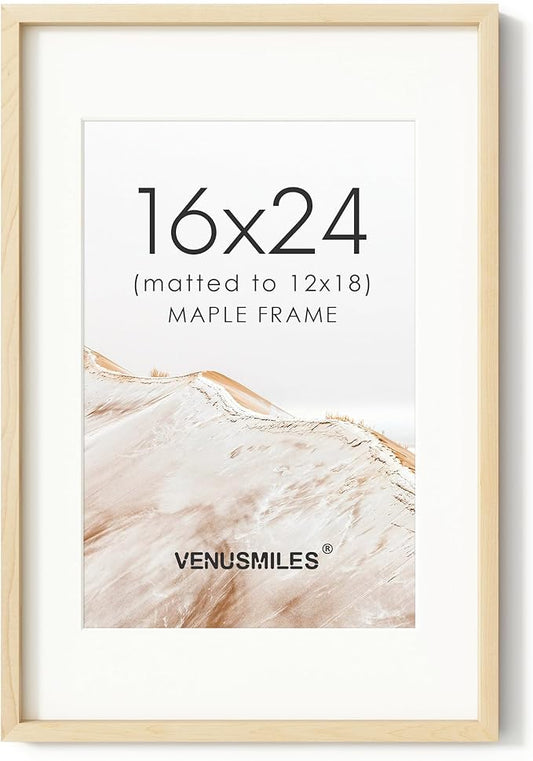 16x24 Poster Frame, USA-Sourced Natural Maple Wood Picture Collage Frame with HD Tempered Glass, Modern Simple 16 x 24 Wooden Photo Frame Matted to 12x18, Vertical & Horizontal Wall Hanging Display