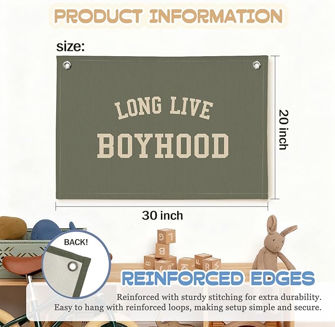 Long Live Boyhood Boys Room Decor - Wall Art Hanging Decor for Toddler Boy Room Nursery Playroom - Baby Kids Teen Bedroom Decor Sage Green,30X20 Inch