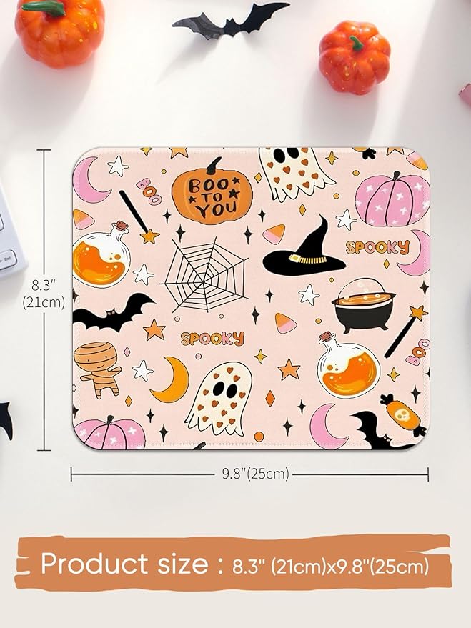 Seorsok Cute Ghost Mouse Mat,Halloween Pumpkin Decor Mouse Pads for Office Laptop,Washable Square Cute Mousepads with Extended Stitched Edges Non Slip Rubber Base 9.5"x7.8"x0.12" Inch,Pink