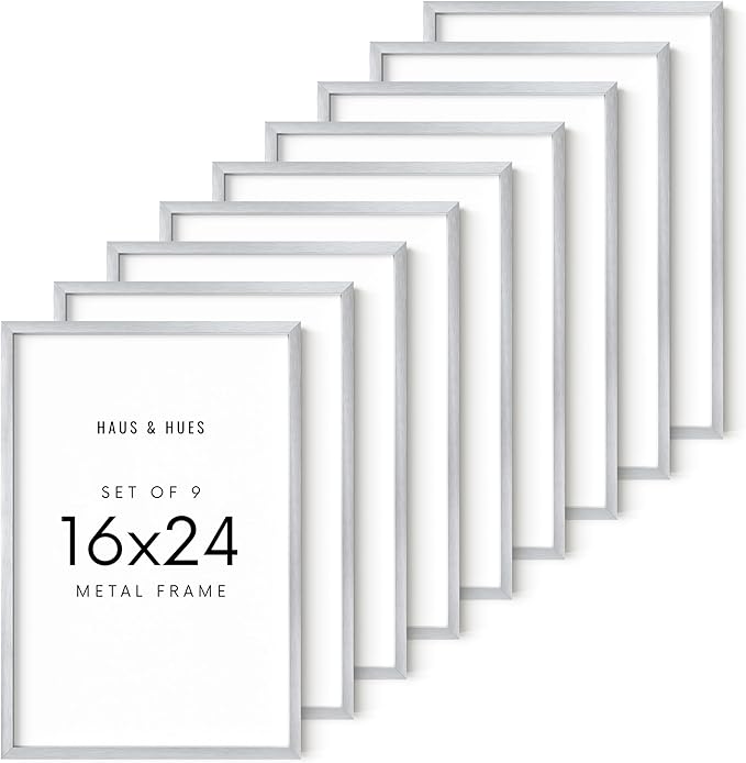 HAUS AND HUES 16x24 Silver Metal Picture Frames - Premium Aluminum with Vertical & Horizontal Hanging, Shatterproof Plexiglass - Perfect for Home or Office (16x24 in, Silver, Set of 9)